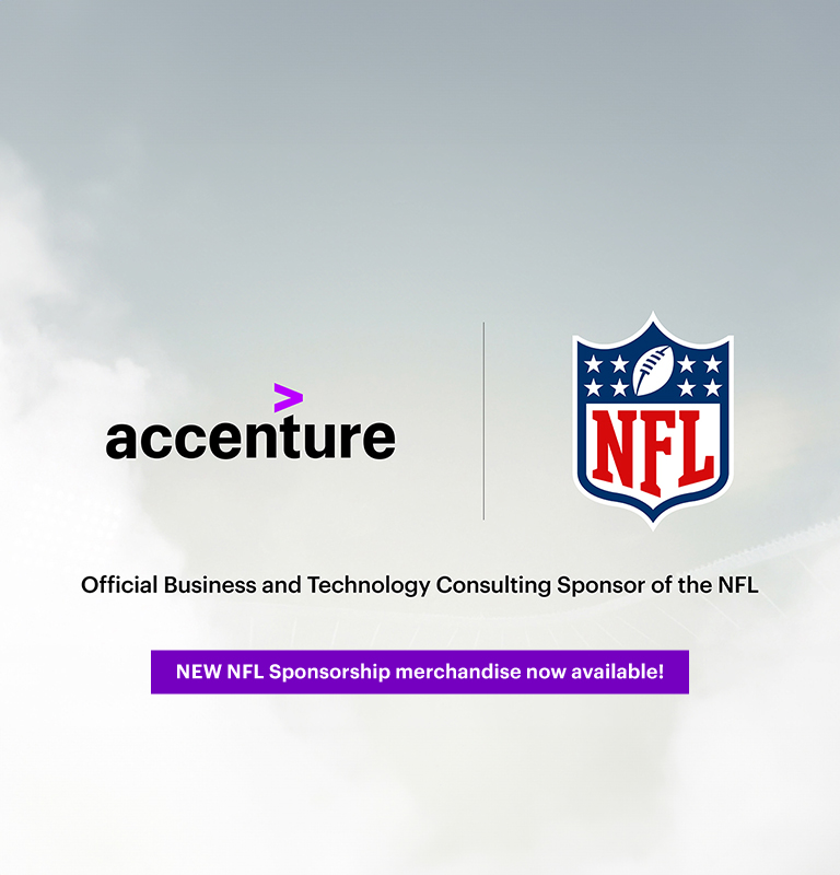 Accenture x NFL banner with text that reads: Official business and technology consulting sponsor of the NFL. NEW NFL Sponsorship merchandise now available!.